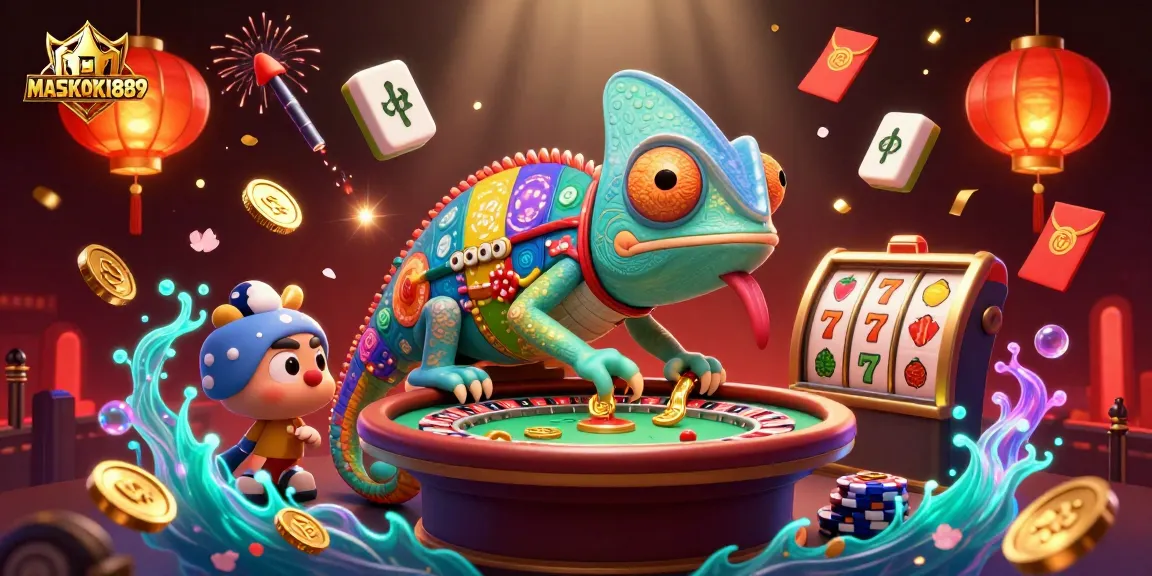 Experience the colorful casino world of MASKOKI889 with vibrant chameleon and exciting slot reels.