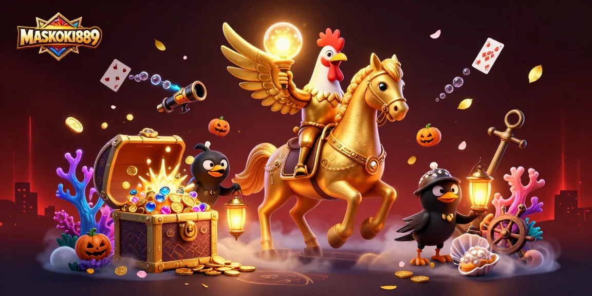 Experience thrilling wins with MASKOKI889 featuring a golden rooster in a vibrant casino