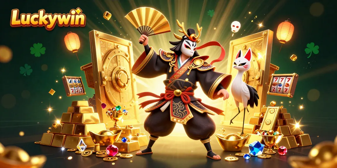 Experience the thrill of winning with Luckywin's vibrant casino scene featuring golden treasures and festive characters.