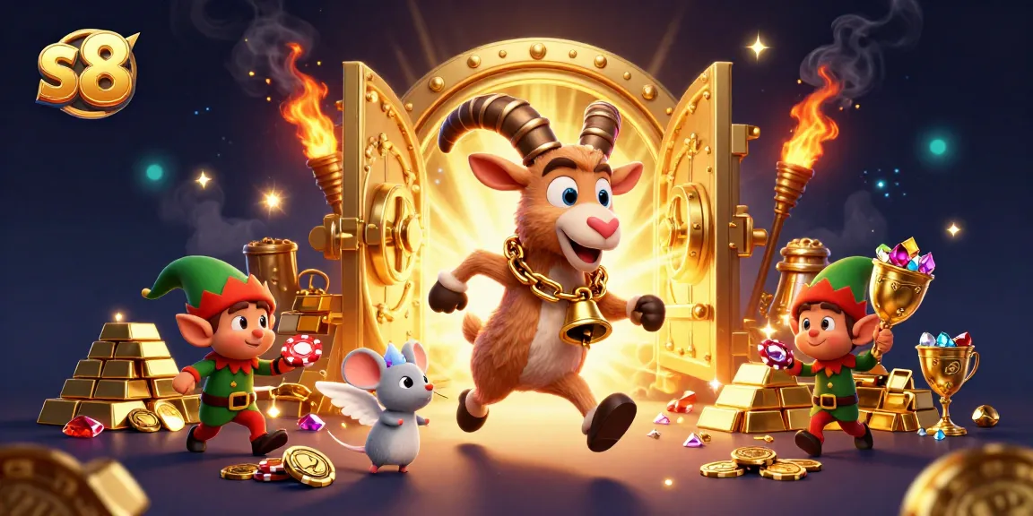 S8 offers exciting casino gameplay with festive characters and a rich gaming environment filled with treasures.