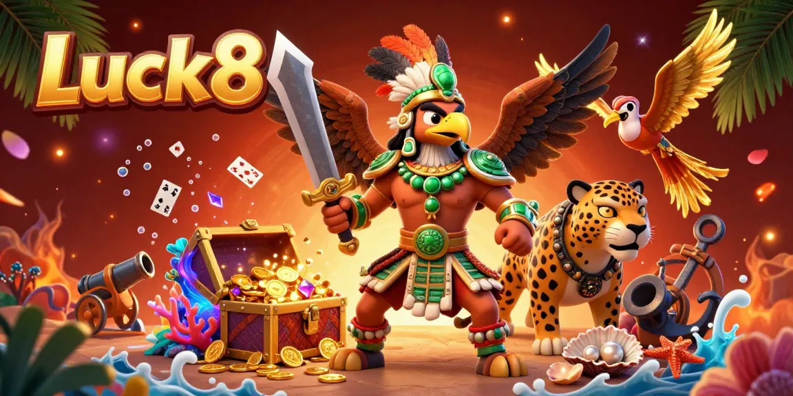 Engage with Luck8's thrilling casino atmosphere, highlighted by a vibrant 3D Aztec warrior scene.