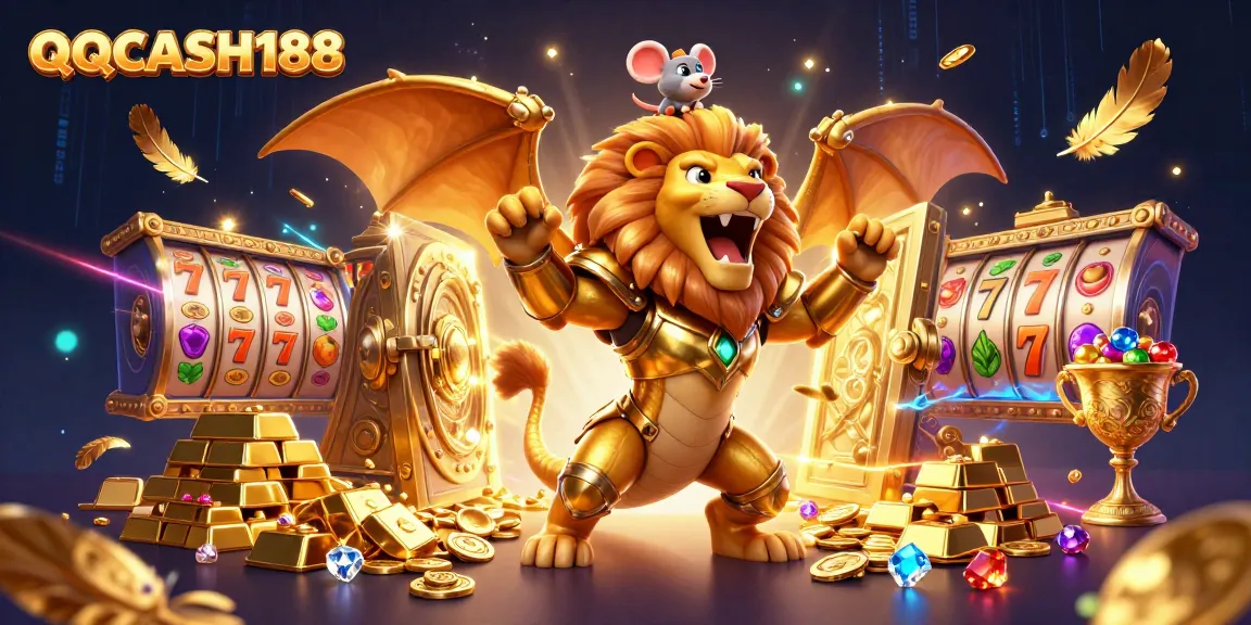 Engage with QQCASH188 as the chimera triumphs over treasures with vibrant slot reels spinning.