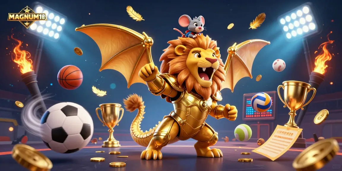 Experience the excitement of MAGNUM188 with a dynamic illustration featuring a triumphant chimera surrounded by sports elements and golden confetti.